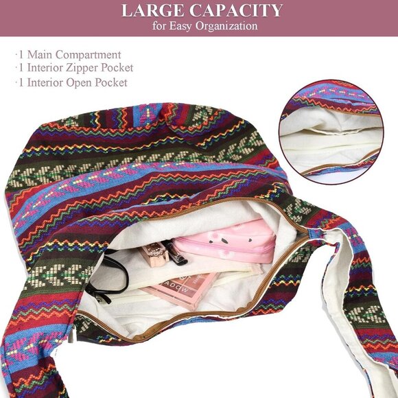 Women's Cotton Canvas Large Crossbody Hobo Bag with Zipper and Multiple Pockets - Picture 7 of 9